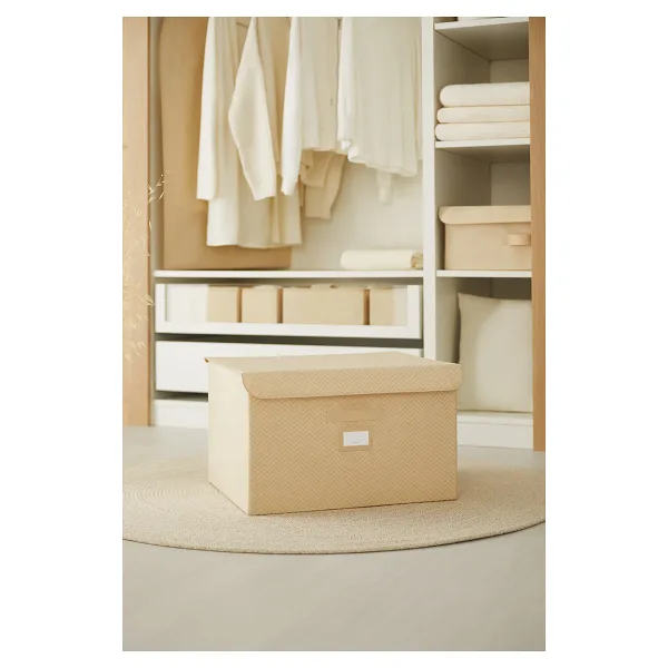 Ocean Home Textile Bej Kapaklı Dolap İçi Çamaşır Oyuncak Düzenleyici Katlanır Saklama Kutusu Hurç 48x40x30