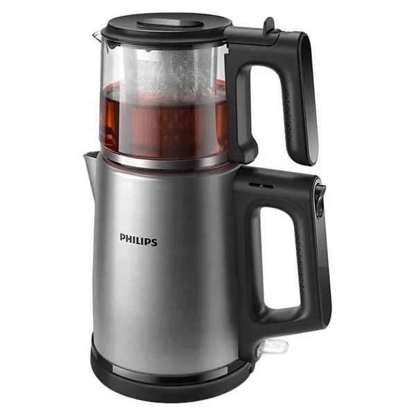 Philips 5000 Serisi Çay Makinesi, 1.8 L Paslanmaz Çelik Su Isıtıcı, 0.9 L Cam Demlik, 1900W Hızlı Isıtma, Otomatik Sıcak Tutma Özellikli Elektrikli Çayc - İnox - Siyah