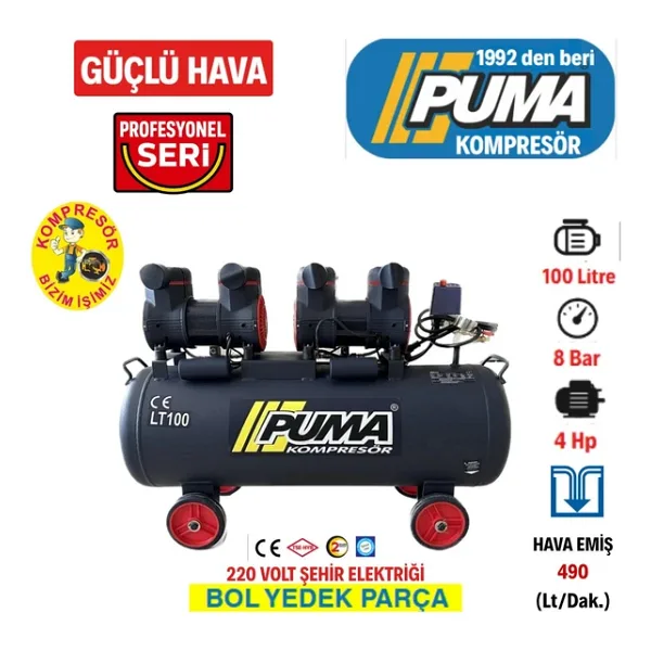 Puma 100 Litre Yağsız Ses Desibeli Düşük Kompresör (4 Hp)