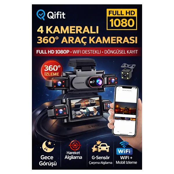 Qifit 4 Kameralı 360° Araç Içi Kamera Full Hd 1080P Wifi Destekli Gece Görüşlü Döngüsel Kayıt Park Modu