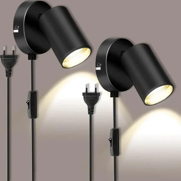 Rsylight Metal Mafsallı Siyah Spot Armatür Aplik Kablolu Fişli Beyaz Led Ampullü