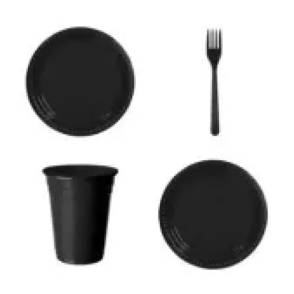 Siyah Plastik Bardak Çatal Tabak 25'li