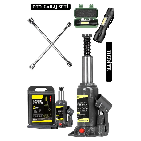 stilmax Germany 2 Ton Kapasiteli Şişe Tip Araç Krikosu + 4'lü Bijon Set Full Oto Garaj Seti + Fener Hediye