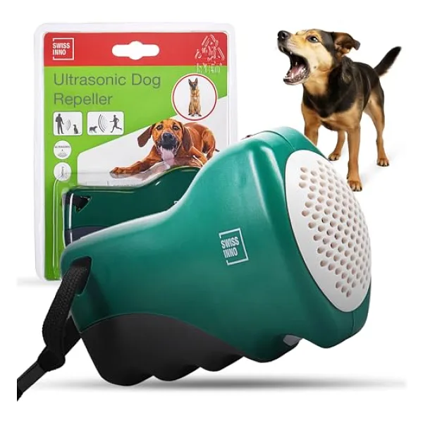 SWISSINNO Ultrasonik köpek kovucu, 12 m'ye kadar menzilli el aleti, pilli, jogging, bisiklet sürme, yürüyüş veya köpek eğitimi sırasında destek için
