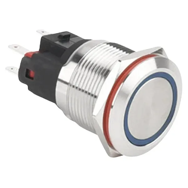 WD22E-P1-E 22mm Düz Yaylı Işıklı Metal Buton - Mavi
