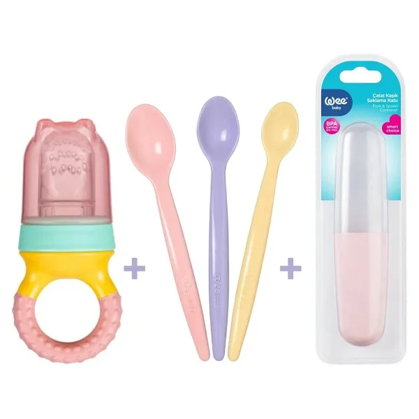 Wee Baby Beslenme Seti Pembe 3'lü Kaşık+meyve Süzgeci+saklama Kabı