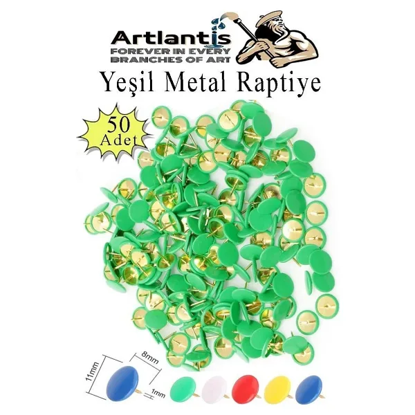 Yeşil Raptiye 50 Adet 1 Paket Renkli Pvc Kaplı Başlıklı Raptiye Plastik Yuvarlak Düğmeli Raptiye Pano Okul Ofis Büro Ev