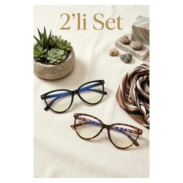 Zzla Mavi Işık Korumalı 2'Lİ SET Gözlük Cat Eye Optik Uyumlu (Şeffaf Camı Değişebilir) 50 Ekartman