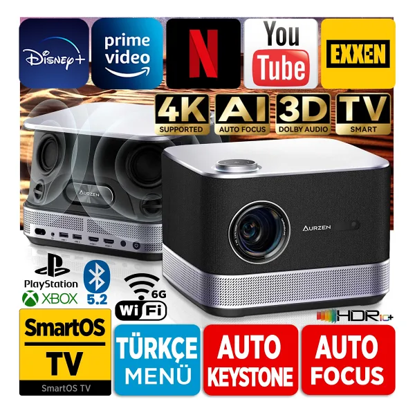 Aurzen Boom 3 500 Lümen Siyah Full HD Wi-Fi Android Projeksiyon Cihazı