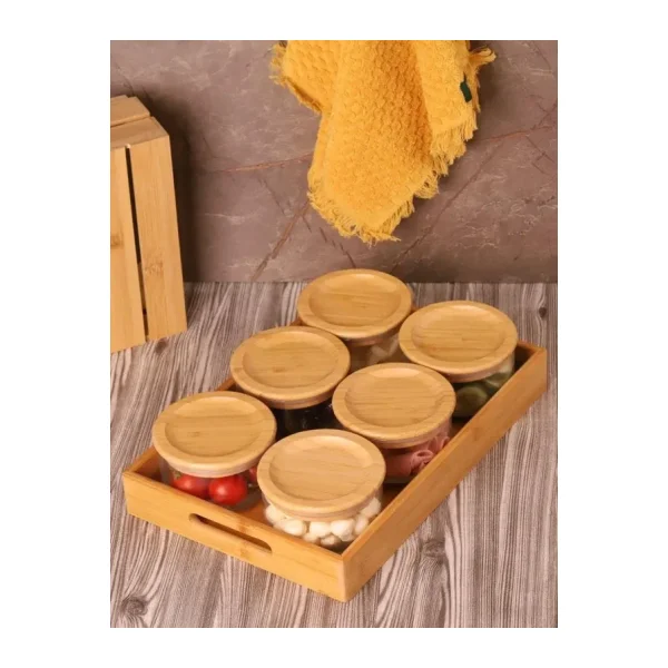 Bambum Duo 300 ml 6'lı Tepsili Bambu Kapaklı Cam Kahvaltılık