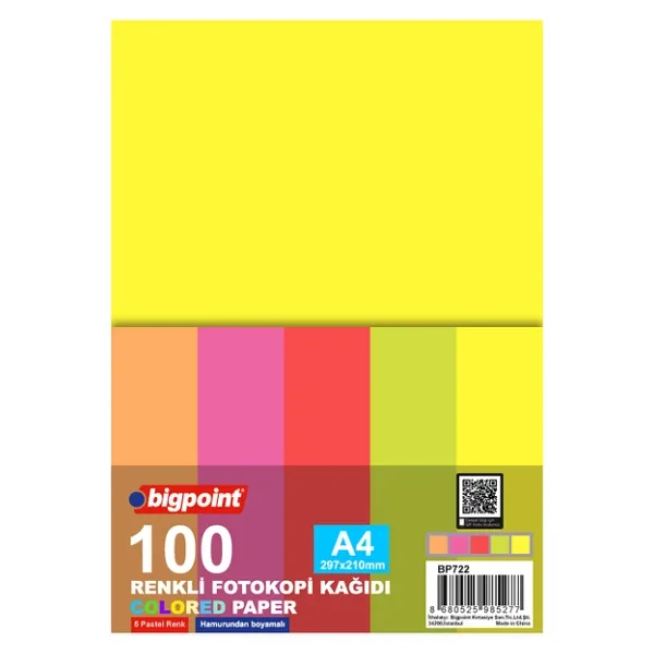 Bigpoint A4 Renkli Fotokopi Kağıdı Fosforlu 5 Renk 100'lü Paket