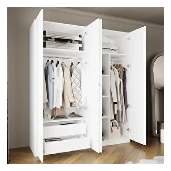 Bimossa KC6040 GOSS 180cm Beyaz Kapaklı Gardırop, 4 Kapaklı, 2 Çekmeceli, 2 Askılı, 2 Yüklüklü Yatak Odası Dolabı