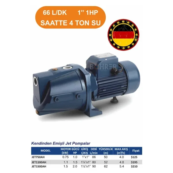 Böhrer Elektrikli JET750AH Jet Tipi 0.75 Kw 1 Hp Su Aktarma Basınç , Bahçe Sulama Kuyu Çekme Pompası