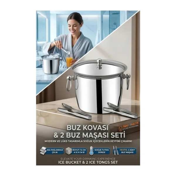 Buz Kovası 304 Paslanmaz Çelik ve Buz Maşası Seti Buz Termosu 721563
