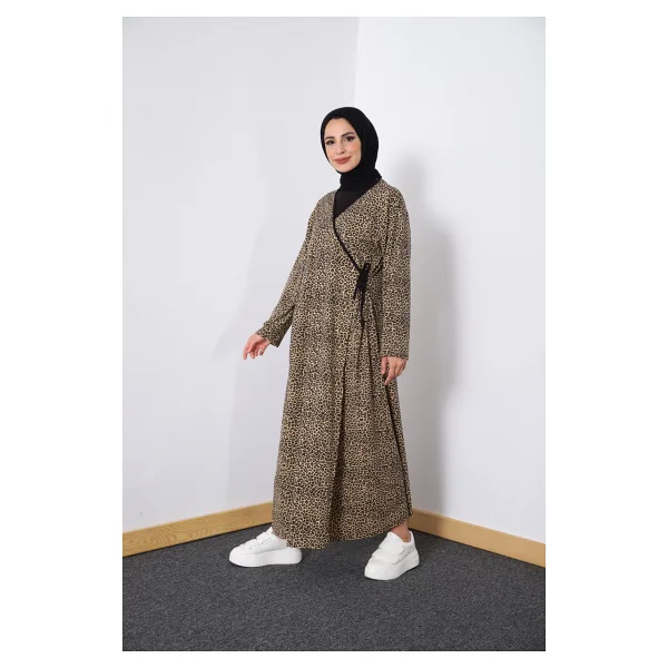 Defka Yandan Bağlamalı Pamuklu Kadın Namaz Elbisesi - Açık Leopar - 2XL