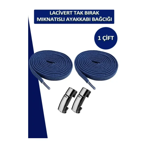 Dopar Elastik Lacivert Akıllı Kilitli Bağcık Mıknatıslı Metal Tak Bırak Spor Ayakkabı Bağcığı 100 Cm