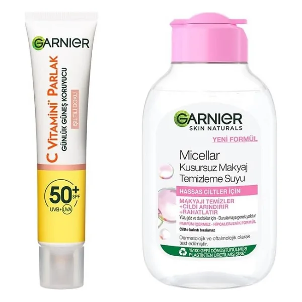 Garnier C Vitamini Parlak Günlük Uv Korumalı Güneş Yüz Kremi Spf50 Işıltılı Doku 40ml Micellar Kusursuz Makyaj Temizleme Suyu (100 ml) Cilt Bakım Seti