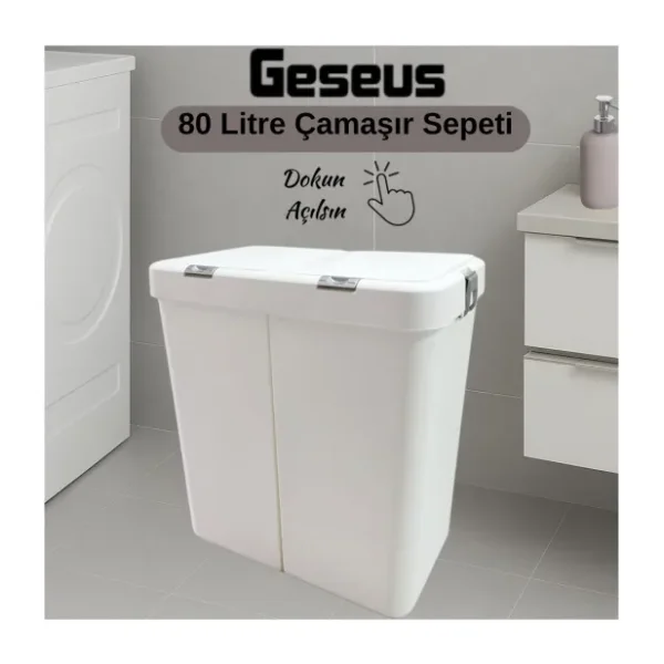 Gümüş Ikili Dokunmatik Çamaşır Sepeti Çöp Kovası Temizlik Kovası Kirli Sepet 80 Litre-Mt009