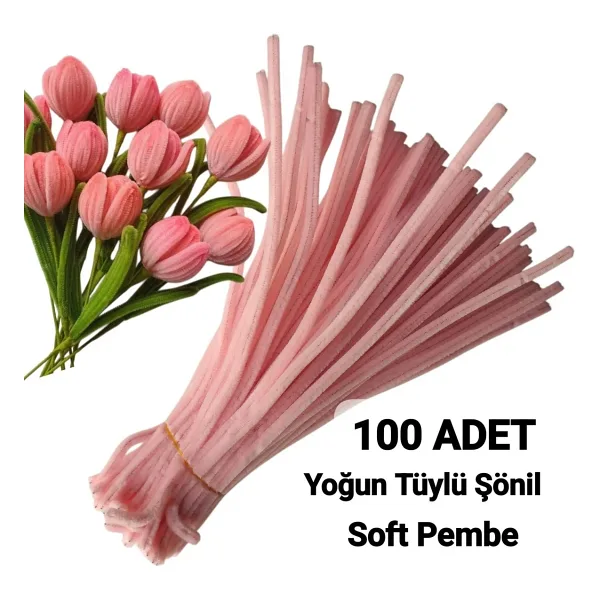 hyc heryerçiçeklenir 100 Adet Açık Pembe Şönil, Çiçek Yapımına Uygun Tüylü Tel, 30 cm 6mm