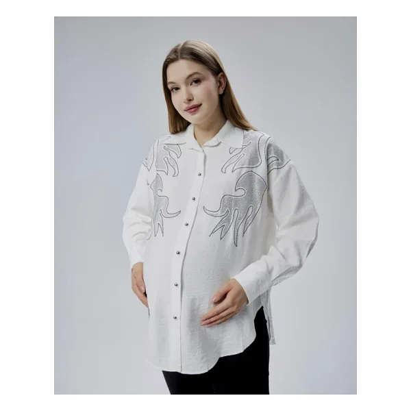 IŞŞIL 2471-Taşlı Keten Hamile Bluz-Gömlek