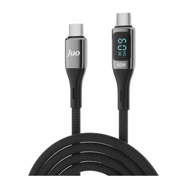 Juo 60W Dijital Led Ekranlı Örgülü USB Type-C to Type-C Hızlı Şarj ve Data Kablosu 2 Metre