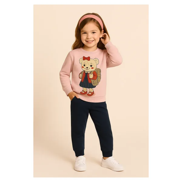 Kız Çocuk Teddy Desenli Eşofman Takımı Pembe