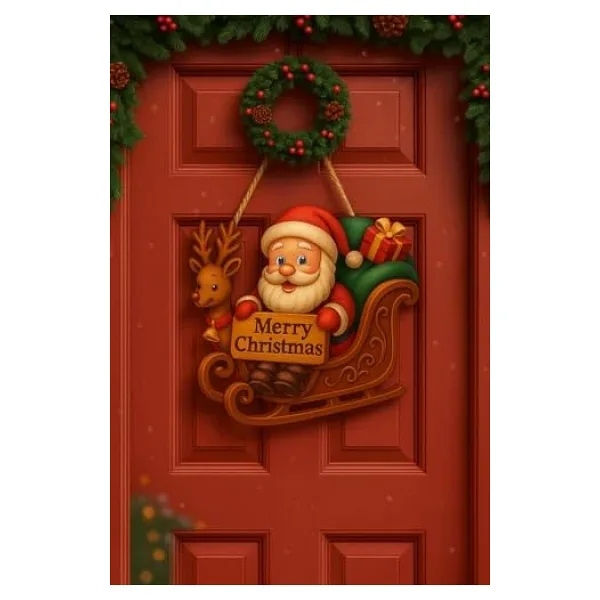 Noel Babalı Kızaklı Hediye Paketli Yılbaşı Geyikli Kapı Süsü Ahşap Noel Kapı Süsü Yılbaşı Mazemeleri Temalı Hediyeler (25-30 cm)