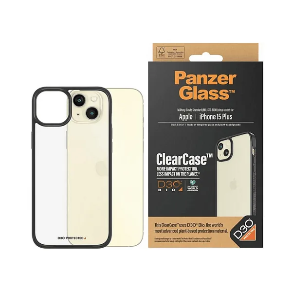 PanzerGlass ClearCase iPhone 15 Plus D3O Darbeye Karşı Korumalı Şeffaf Siyah Çerçeveli Telefon Kılıfı
