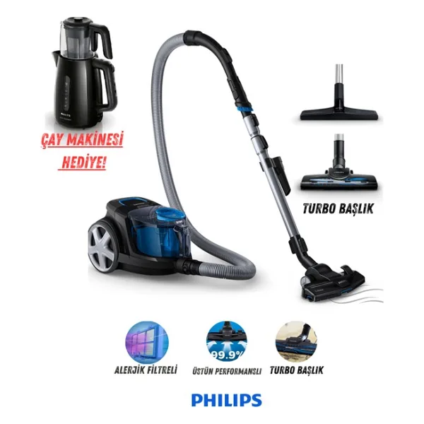 Philips Turbo Başlıklı Hepa Filtreli Premium Powerpro City Süpürge + Cam Demlikli Çay Makinesi Hediye, Onerous Tartı Hediye - Siyah - Renk
