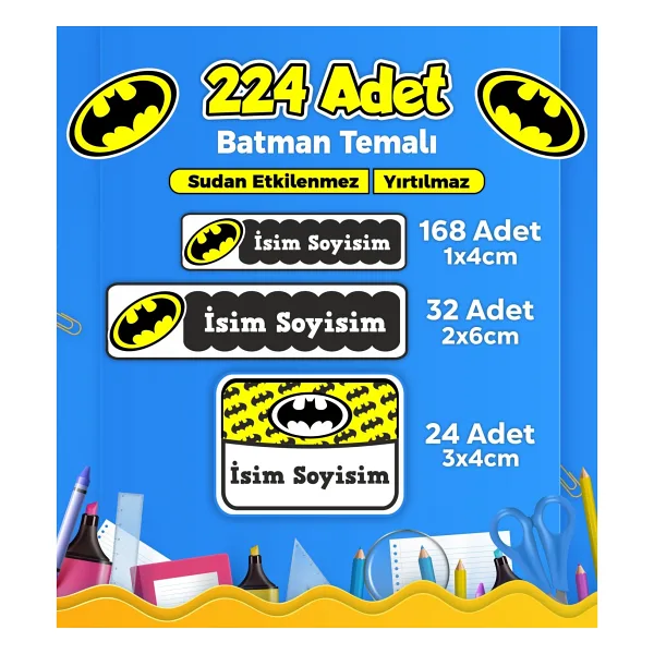 Sb Store Batman Okul Kreş İsim Etiketi Kalem Defter Özel İsim Yazılabilen Etiket Seti Model 3 - 224 Adet