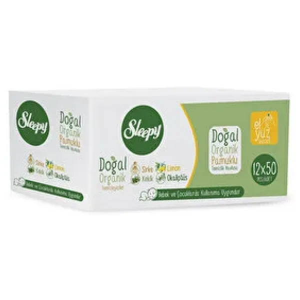 Sleepy Doğal Organik Pamuklu 50 Yaprak 12'li Paket Islak Mendil