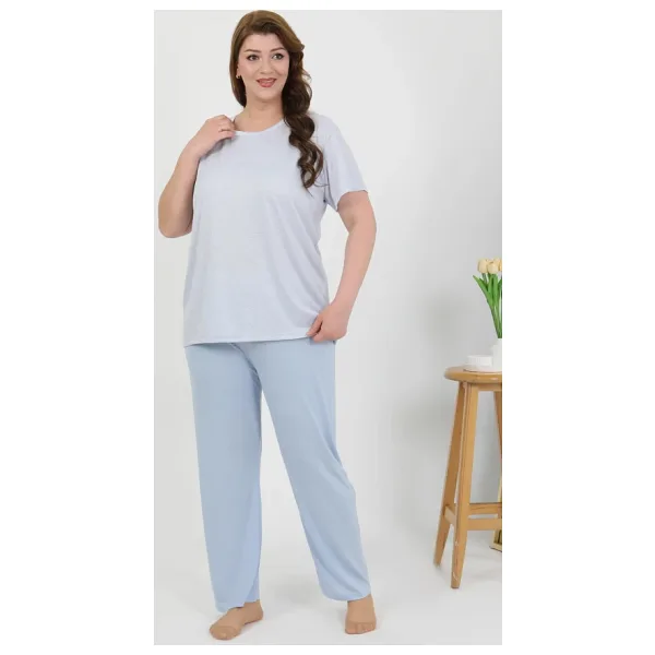 Akbeniz Kadın Büyük Beden Kısa Kol Penye Pijama Takımı Mavi 202510