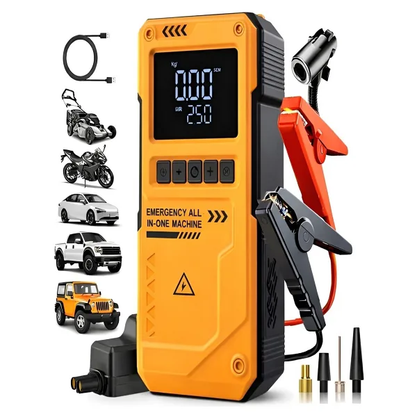 Azurtech 10000MAH Dijital Ekranlı Araba Akü Takviye'li Kompresör Araç Lastik Şişirme Hava Pompası - 150PSI 1000A - gri