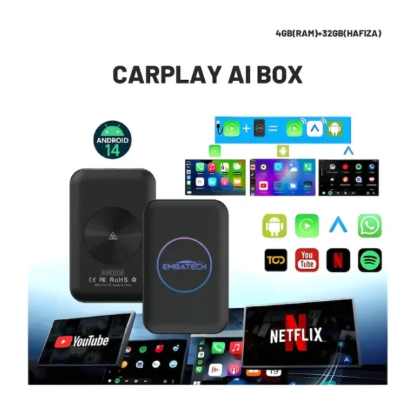 Embatech Carplay Ai Box 4GB+32GB Youtube,netflix,google Play & Kablosuz Carplay&android Auto- Android 14