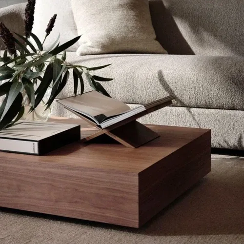 Eriza Home Lesley, Kare Traverten Mermer Desenli Modern Orta Sehpa, Ceviz Ceviz