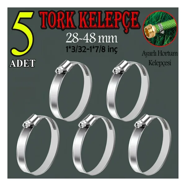 Hortum Kelepçesi Tork Ayarlı 28X48 Mm Paslanmaz Çelik Boru Metal Kelepçe Ayarlanabilir Klips 5 Adet