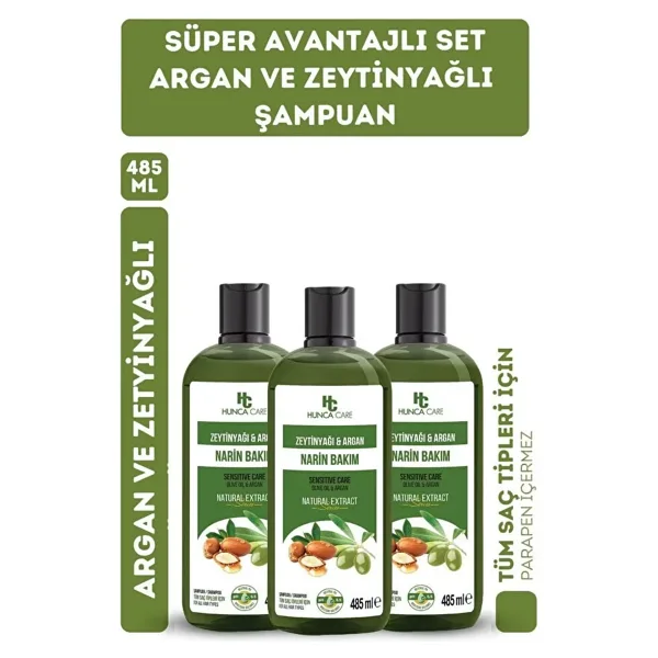 Hunca Care Argan Ve Zeytinyağlı Şampuan, Dökülme Karşıtı, Besleyici Ve Onarıcı ( 3 Adet X 485 ml )