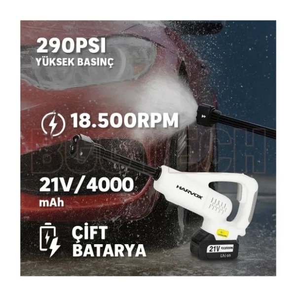 HX-4000 Kablosuz Araç Yıkama Makinesi 290 Psı Basınç, 18.500 Rpm Motor, 4000MAH Çift Batarya