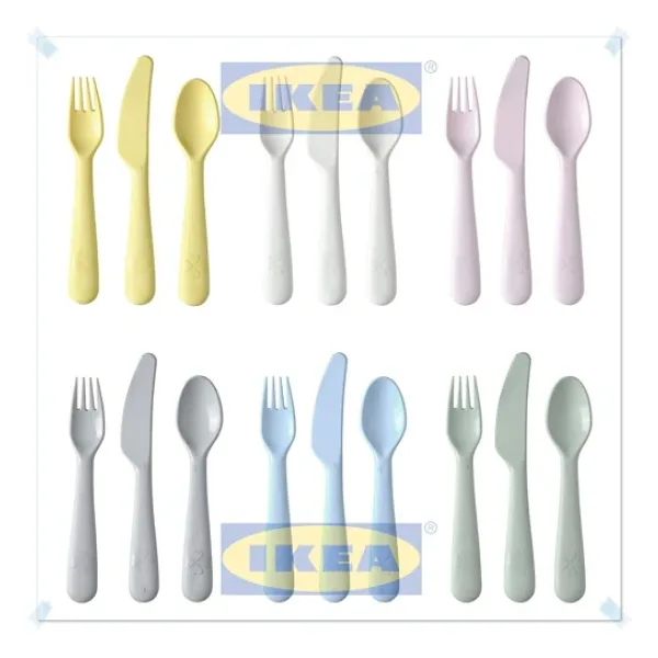 IKEA KALAS çocuk çatal kaşık bıçak seti, pastel tonlar, 18 parça