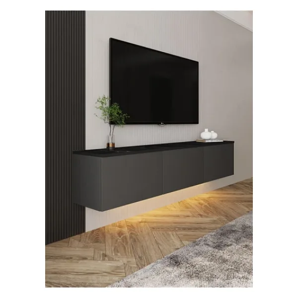 İnarch Dizayn Neon Led Işıklı Duvara Monte, 3 Kapaklı Tv Sehpası - 160 Cm - Modern Tasarım, Antrasit(Mermer Desen)