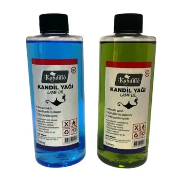 Kandillo Mavi Yeşil Kandil Yağı Kokusuz Dumansız Iç Mekan Gaz Lambası Yakıtı 250 ml 2'li Set