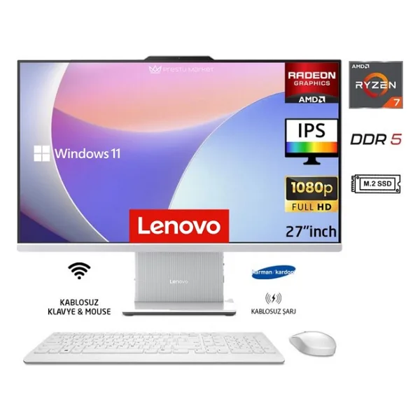Lenovo ıdeacentre 27ARR9 Aıo Ryzen7 7735HS 16GB 512GB SSD Bulut Gri WIN11 Pro 27" Fhd All In One Bilgisayar P2 - 512 GB - 16 GB