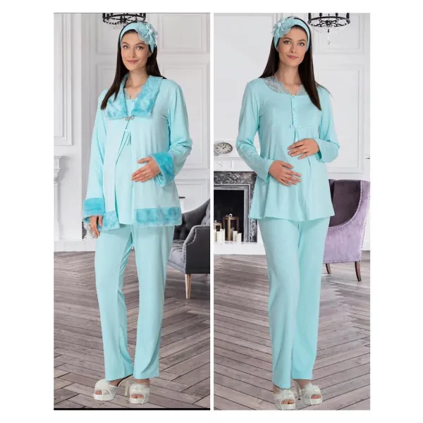 Mecit 5304 Peluş Detaylı Sabahlıklı Lohusa Pijama Takımı