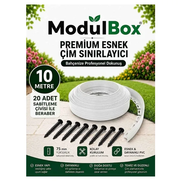 MODULBOX ESNEK PVC ÇİM AYIRICI, BAHÇE PEYZAJ DÜZENLEYİCİ, ( 10 METRE BEYAZ ) ÇİM SINIRLAYICI ESNEK PLASTİK ,TAŞ, TOPRAK AYRAÇ BARİYER PEYZAJ BORDÜRÜ