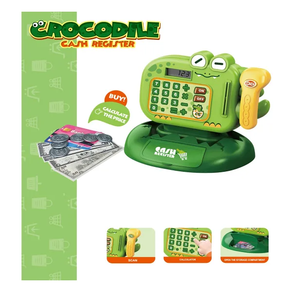 Pilli Işıklı Sesli Yazarkasa Dokunmatik Tuşlu Dijital Ekranlı Oyuncak Yazarkasa Crocodile