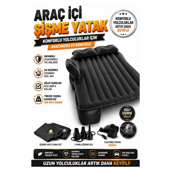 Reidan Siyah Oto Şişme Yatak Arka Koltuk Yatak Çift Kişilik Kamp Yatağı +(pompa )