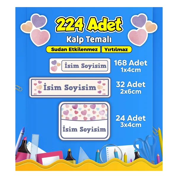 Sb Store Kalp Temalı Okul Kreş İsim Etiketi Kalem Defter Özel İsim Yazılabilen Etiket Seti Model 8 - 224 Adet