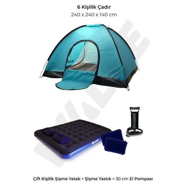 Walke 6 Kişilik Kamp Çadırı + Çift Kişilik Yatak + 2 Yastık + 1 Pompa