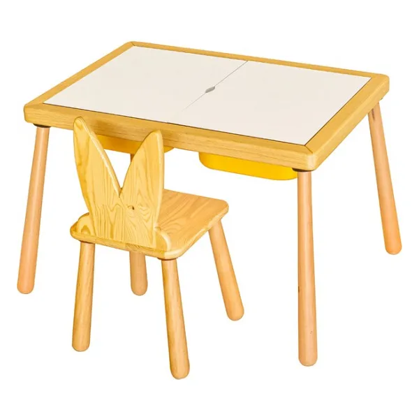 Wood & Joy Doğal Ahşap Duyusal Çocuk Aktivite Masası Oyun Masası ve Çocuk Çalışma Masası 2 Sandalye Seti - Sarı