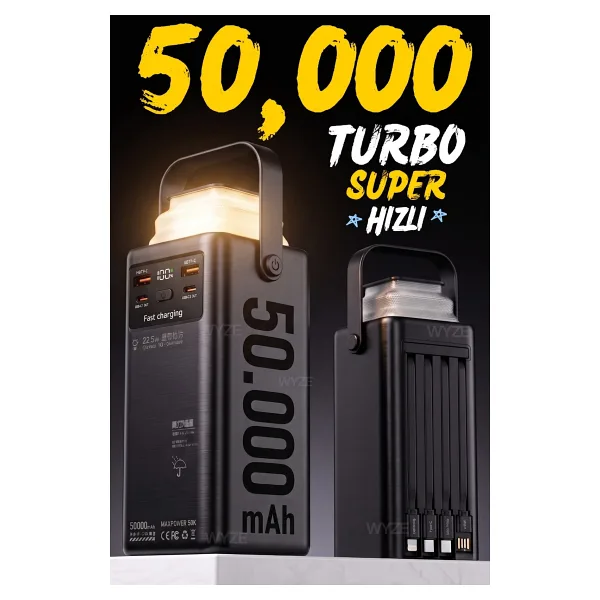 Wyze 50.000 mAh 22,5W/PD Hızlı Şarj Kendinden Kablolu ve Şarj Göstergeli Taşınabilir Powerbank